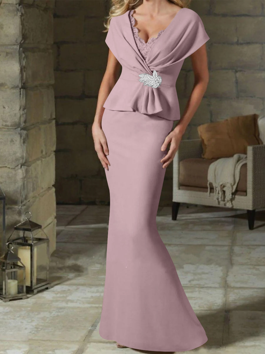 V Neck Belted Mother of the Bride Sheath Column Dress
