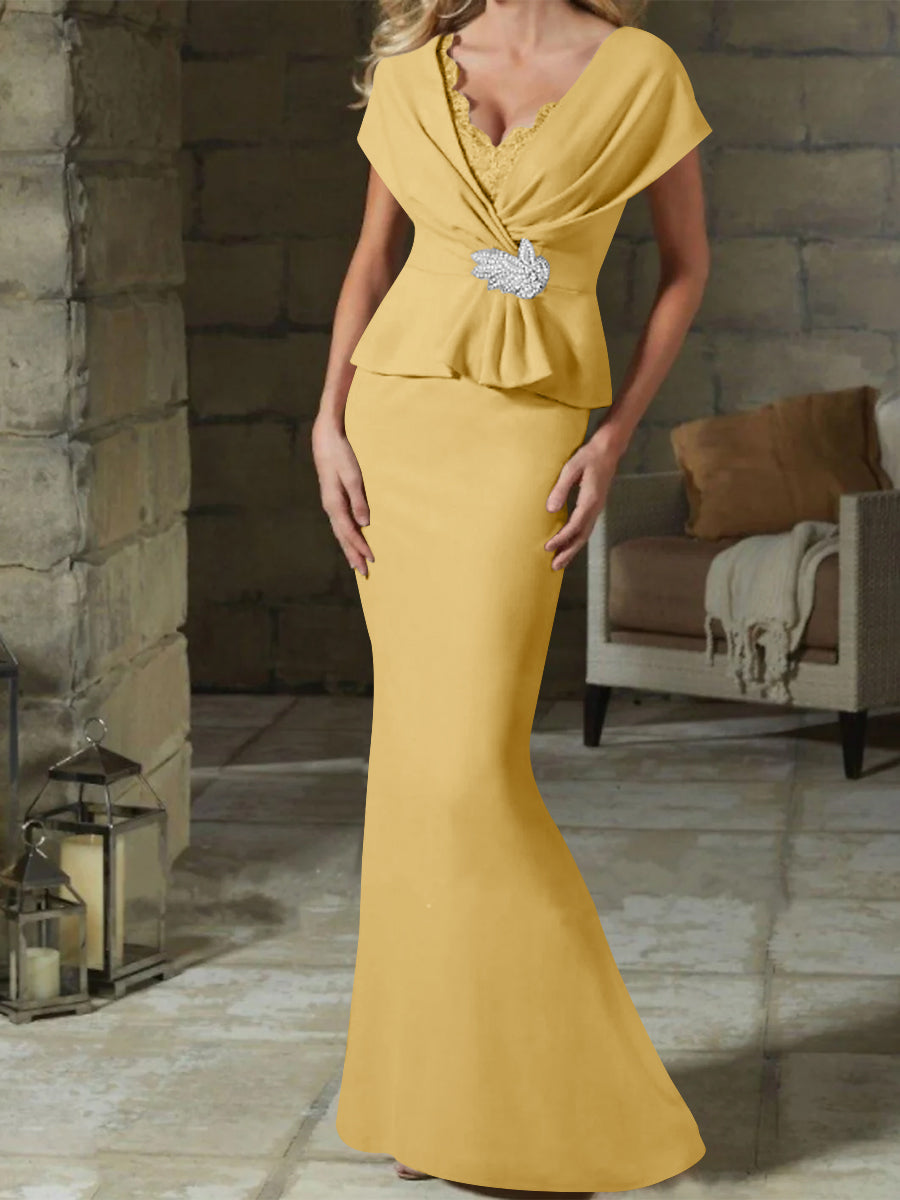 V Neck Belted Mother of the Bride Sheath Column Dress