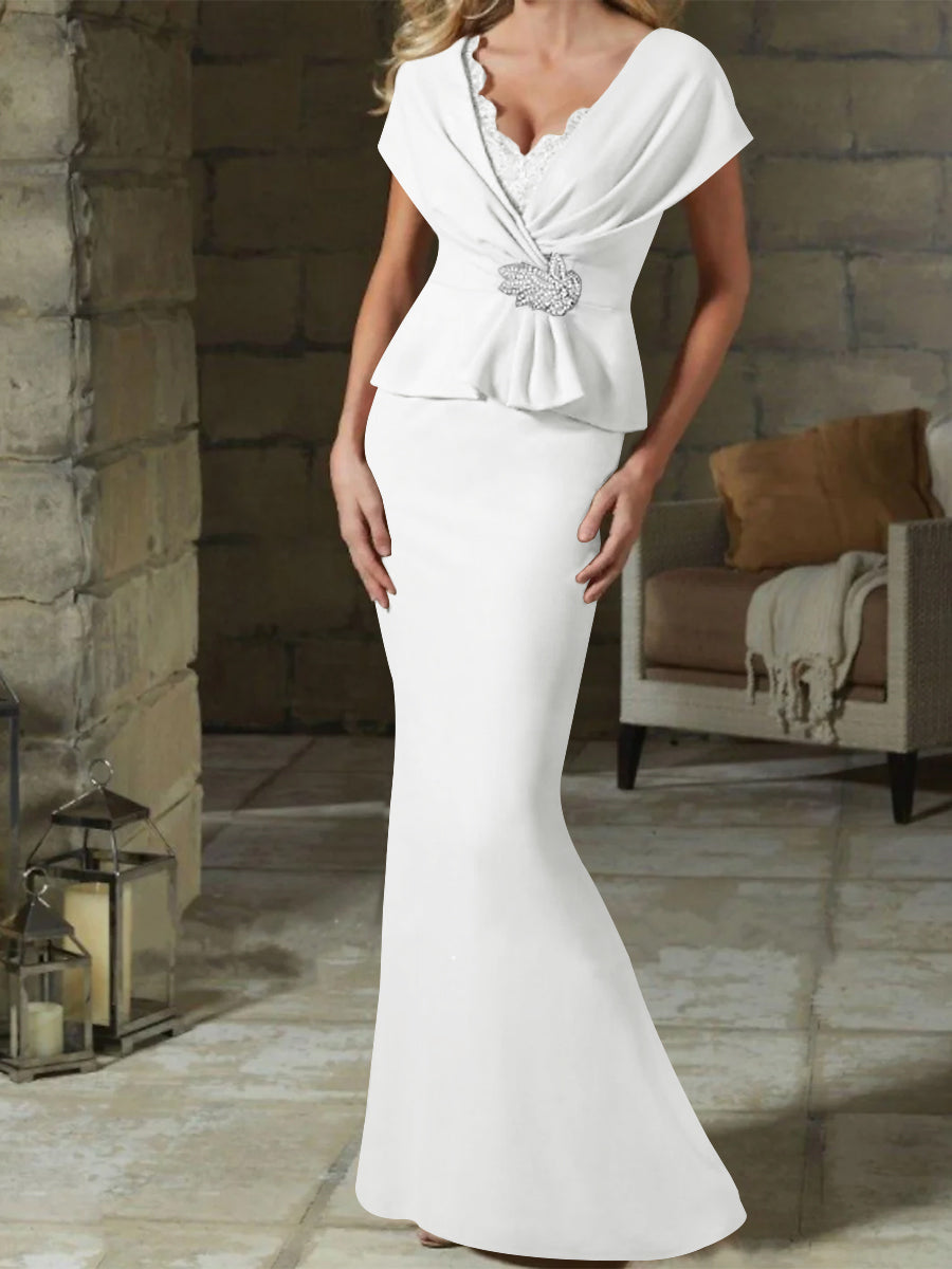 V Neck Belted Mother of the Bride Sheath Column Dress