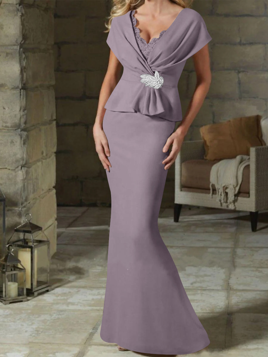 V Neck Belted Mother of the Bride Sheath Column Dress