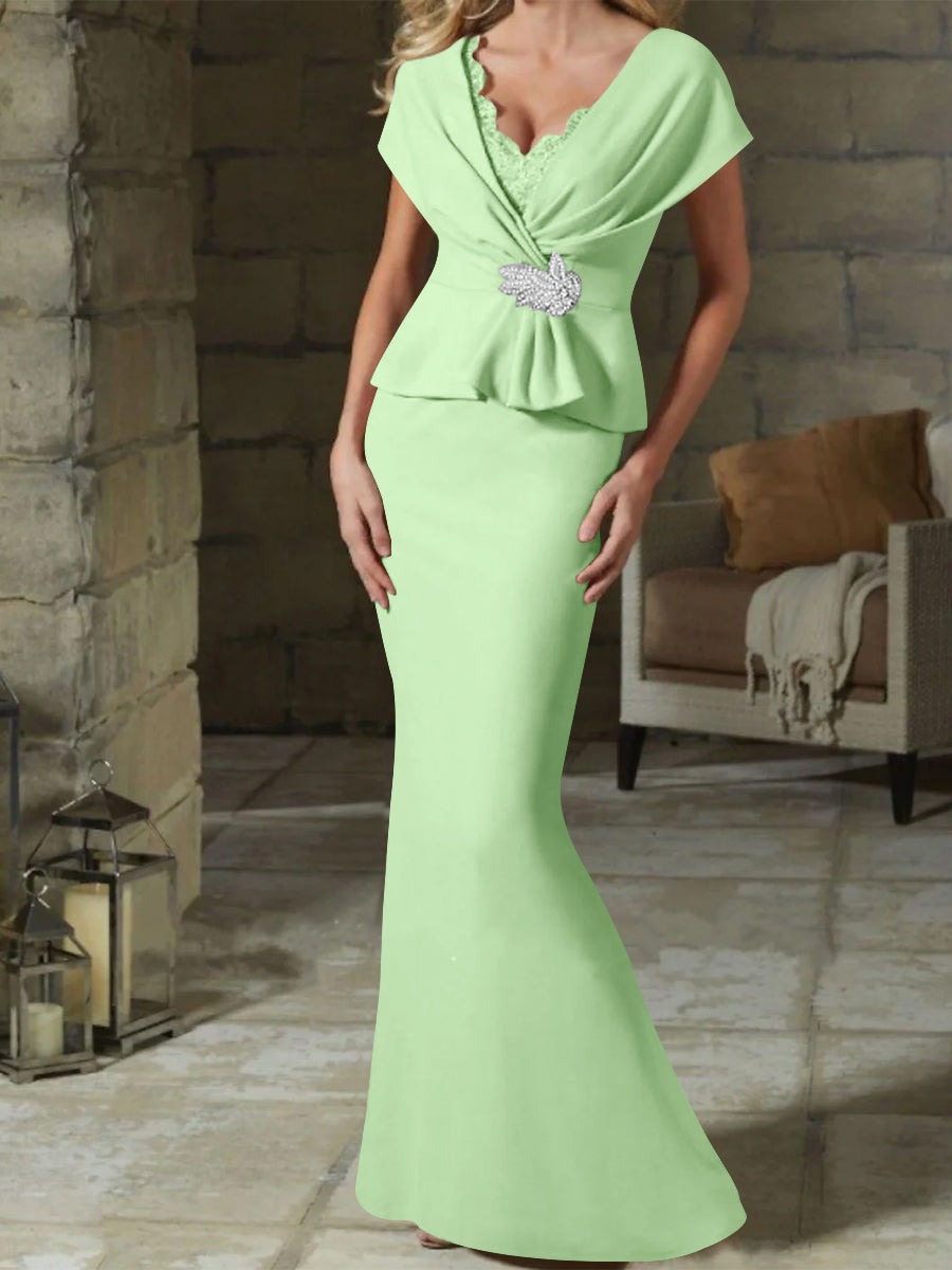 V Neck Belted Mother of the Bride Sheath Column Dress