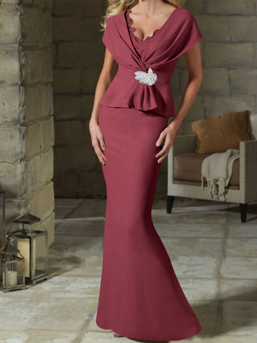 V Neck Belted Mother of the Bride Sheath Column Dress