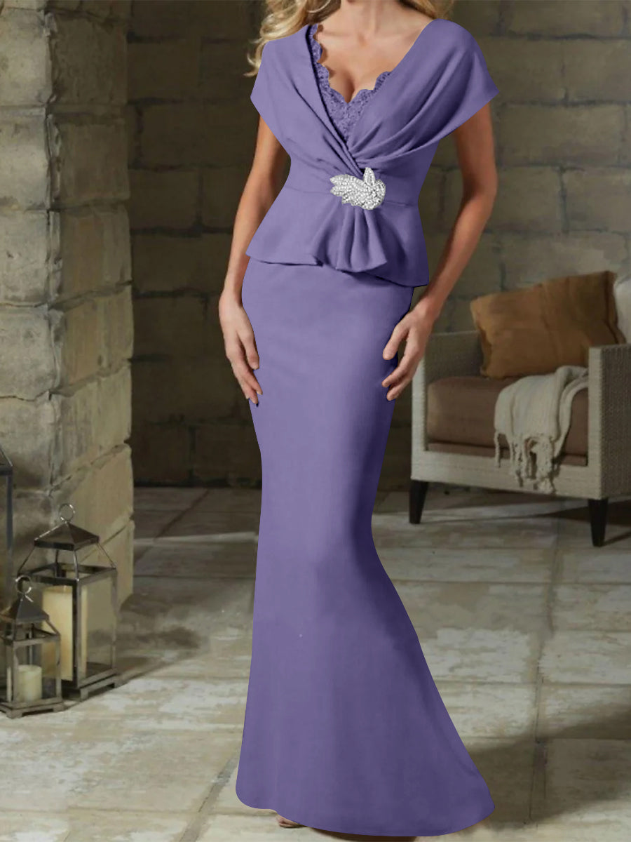 V Neck Belted Mother of the Bride Sheath Column Dress