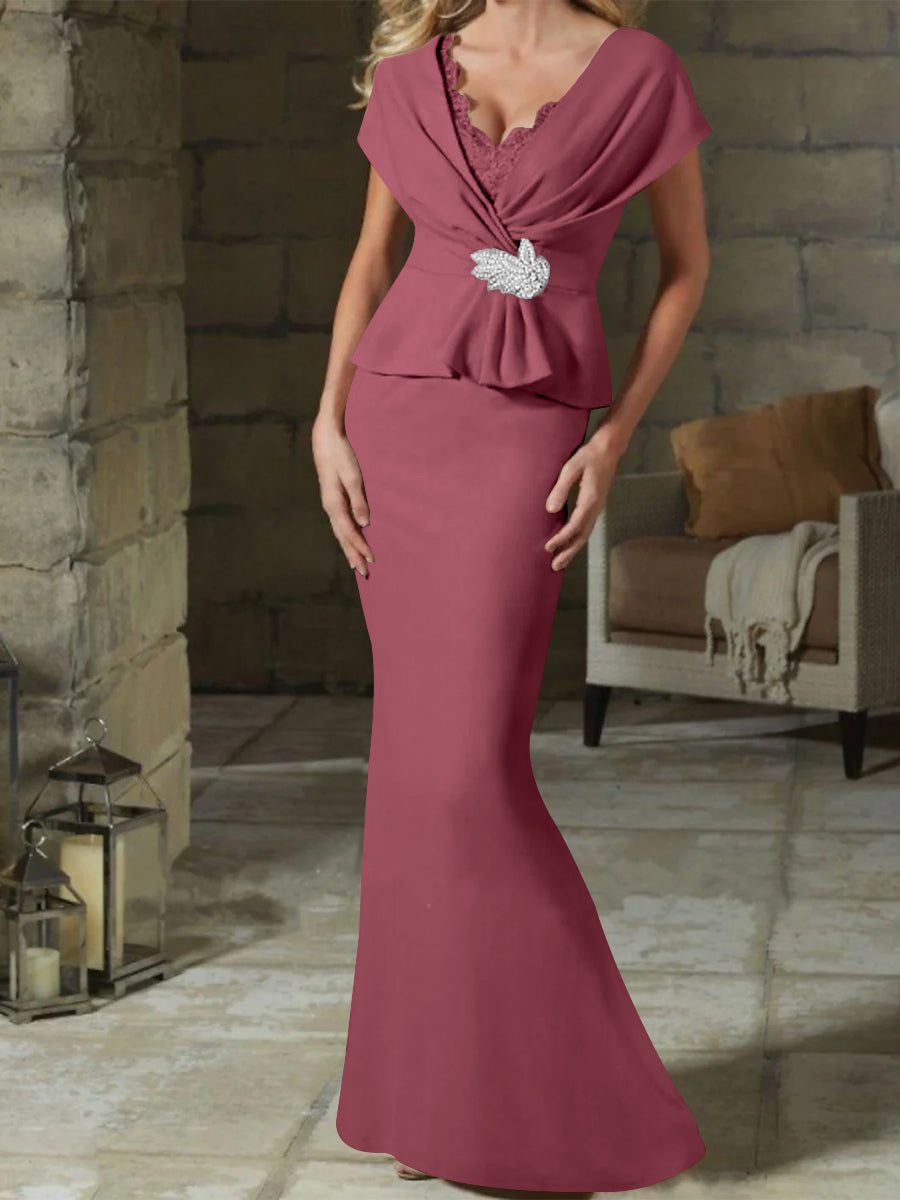 V Neck Belted Mother of the Bride Sheath Column Dress