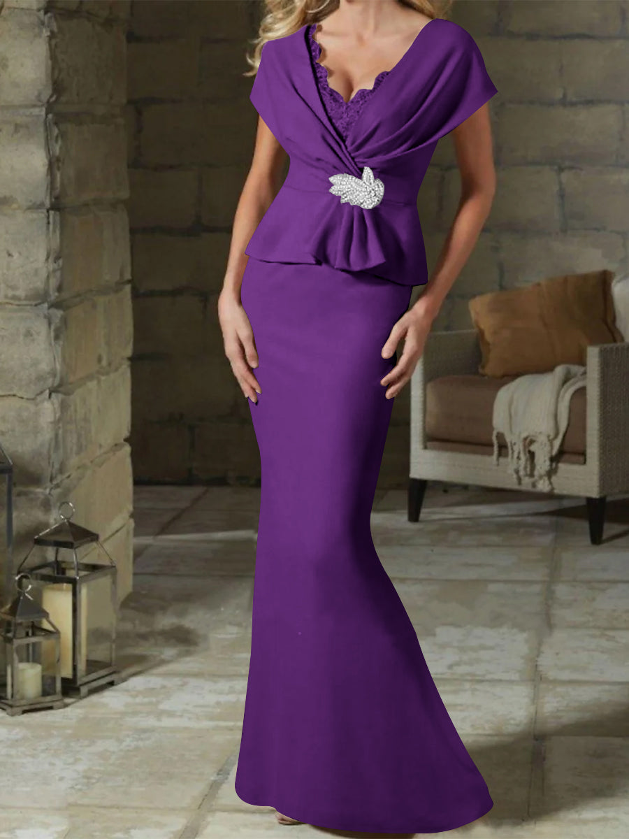 V Neck Belted Mother of the Bride Sheath Column Dress