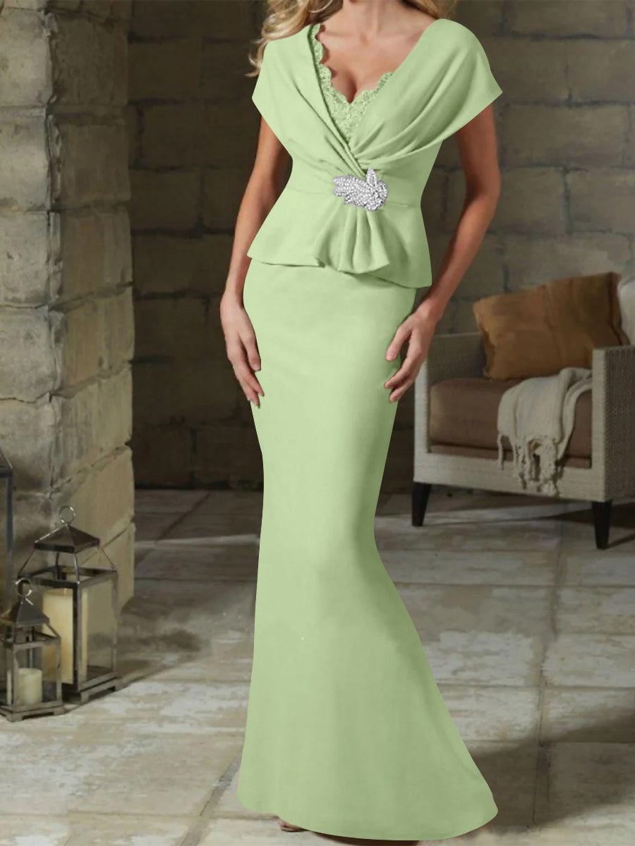 V Neck Belted Mother of the Bride Sheath Column Dress