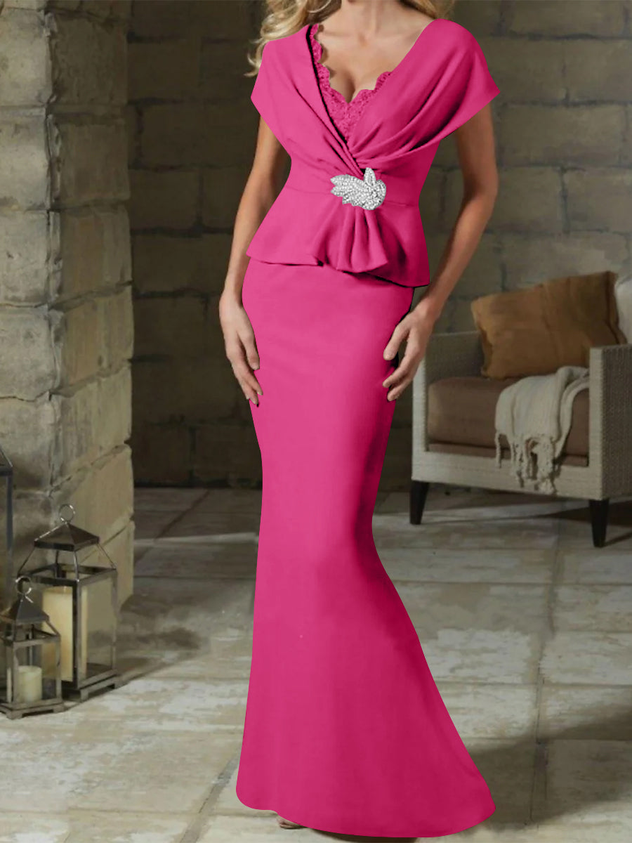 V Neck Belted Mother of the Bride Sheath Column Dress
