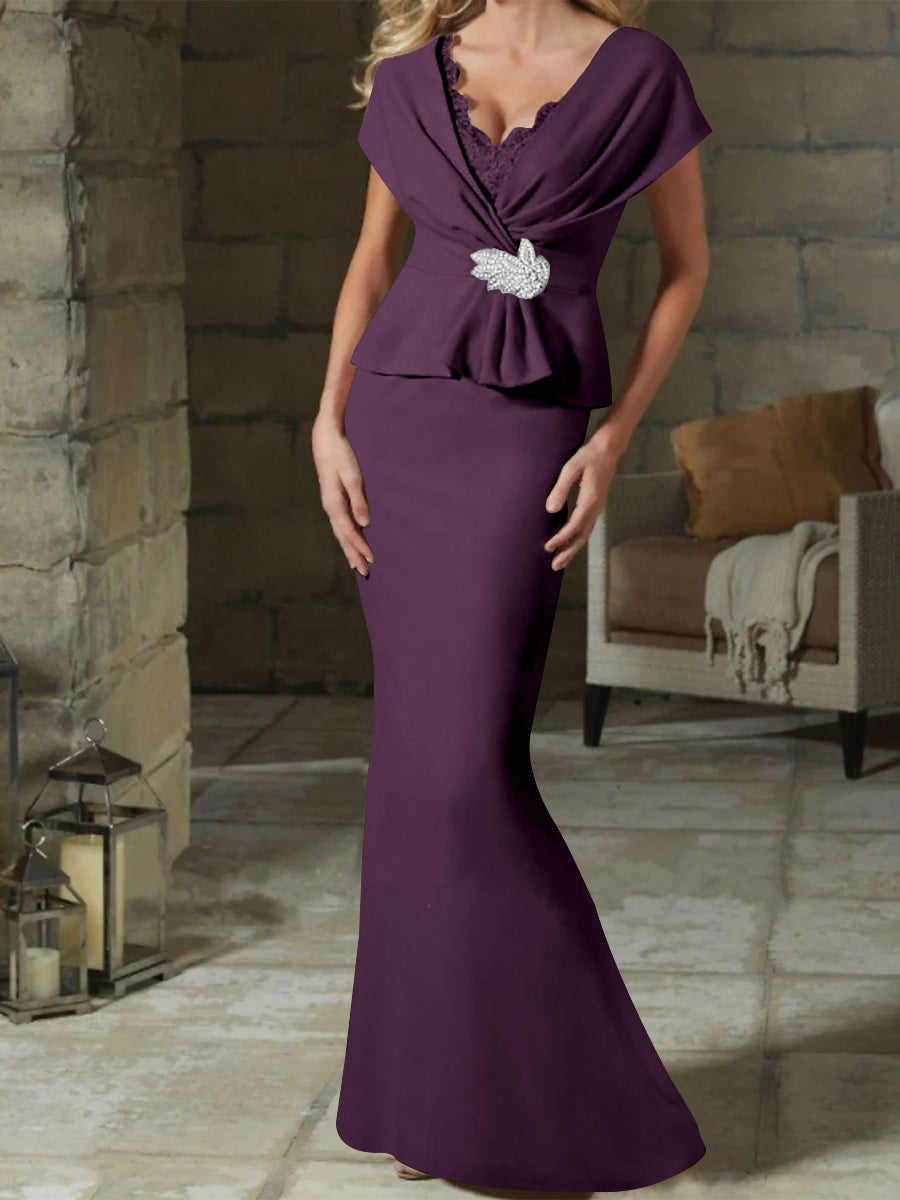 V Neck Belted Mother of the Bride Sheath Column Dress