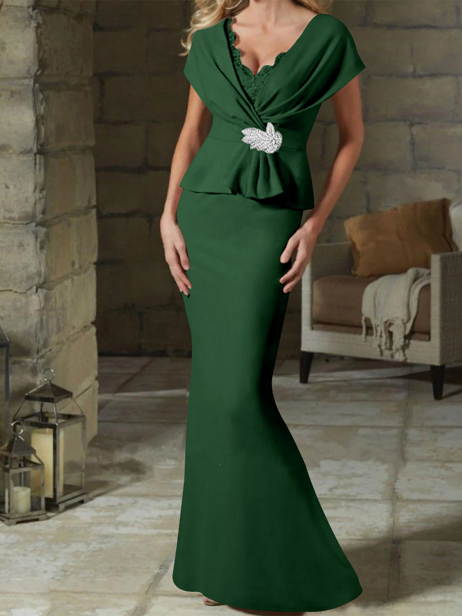 V Neck Belted Mother of the Bride Sheath Column Dress