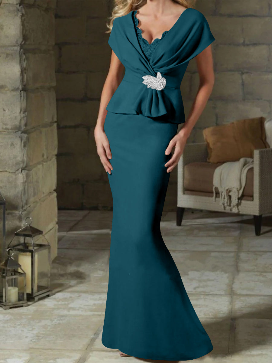 V Neck Belted Mother of the Bride Sheath Column Dress
