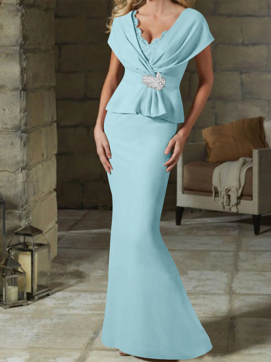 V Neck Belted Mother of the Bride Sheath Column Dress