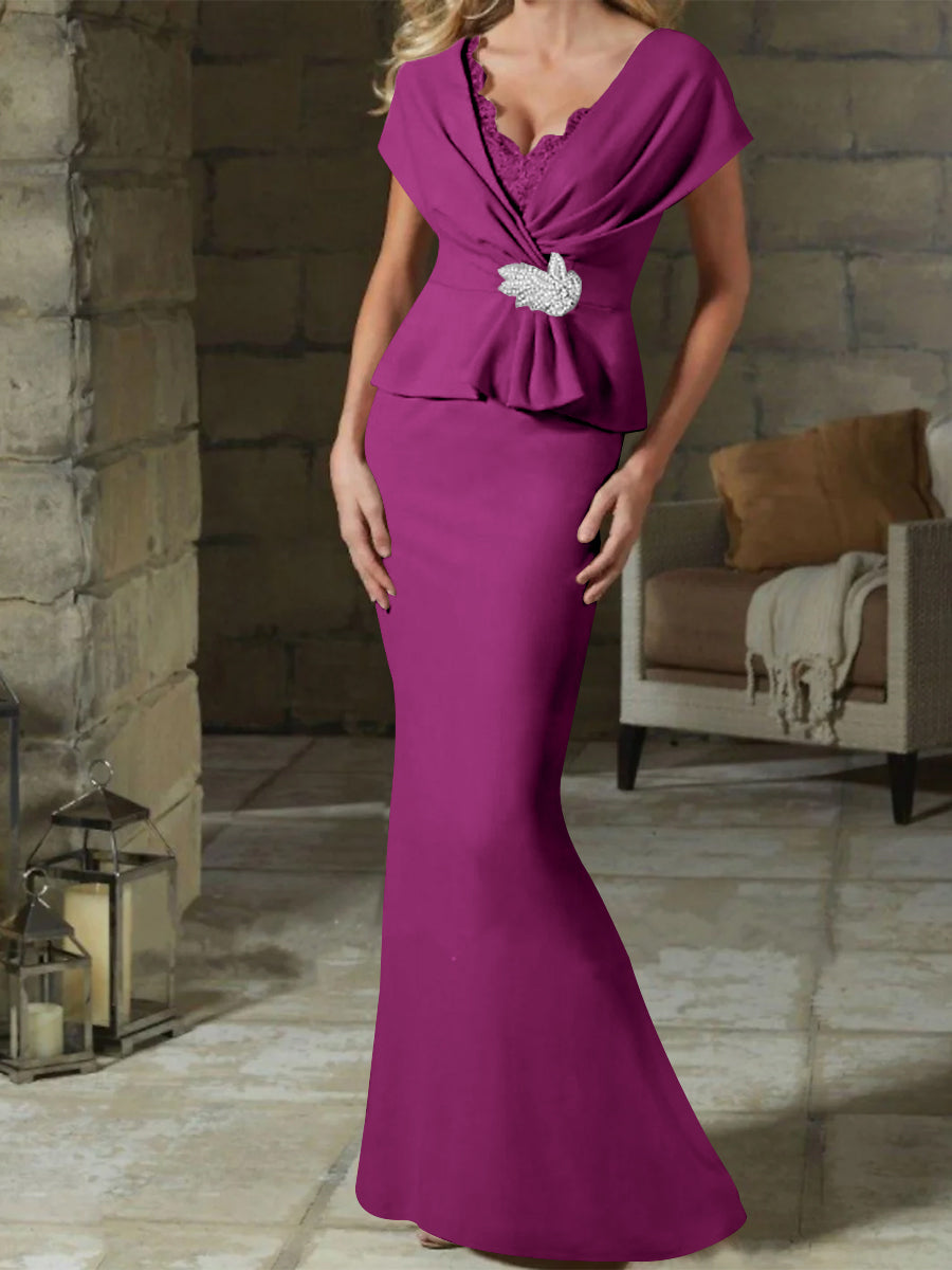 V Neck Belted Mother of the Bride Sheath Column Dress
