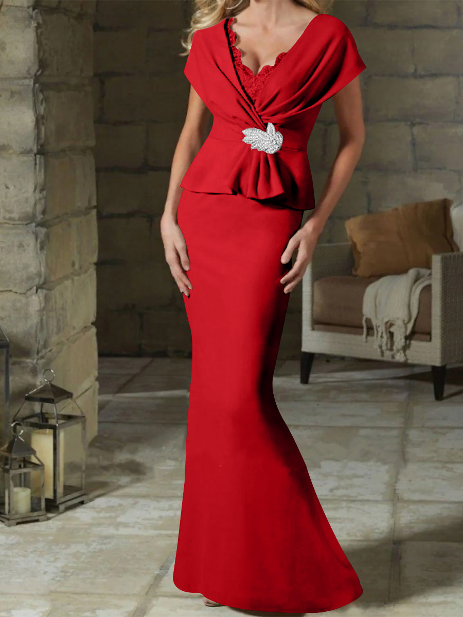 V Neck Belted Mother of the Bride Sheath Column Dress