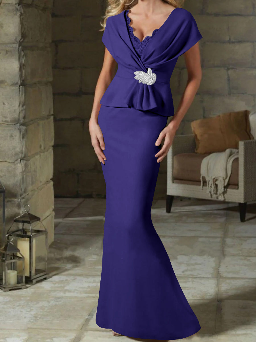 V Neck Belted Mother of the Bride Sheath Column Dress