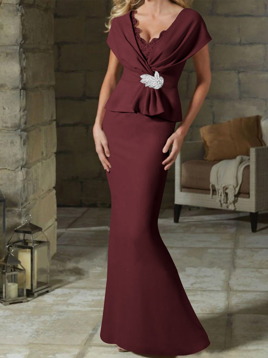 V Neck Belted Mother of the Bride Sheath Column Dress