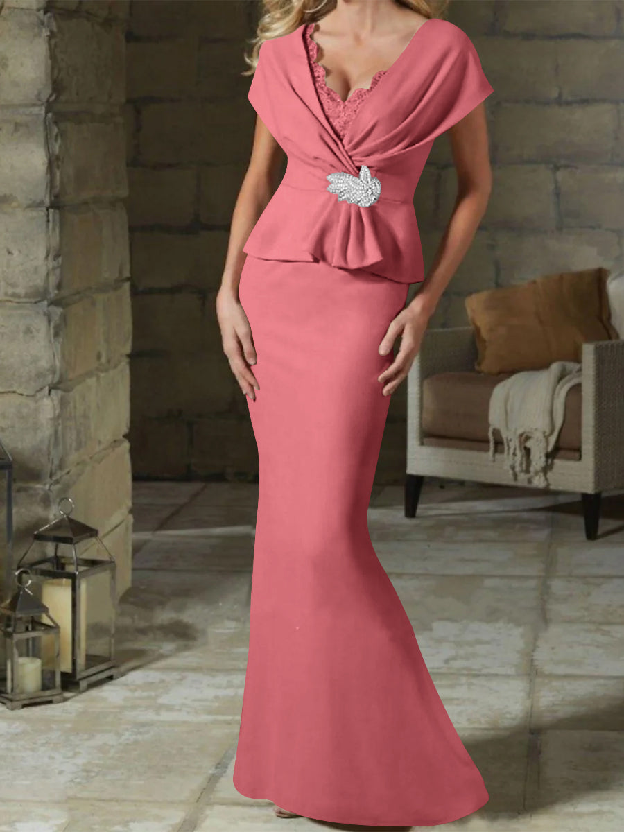 V Neck Belted Mother of the Bride Sheath Column Dress