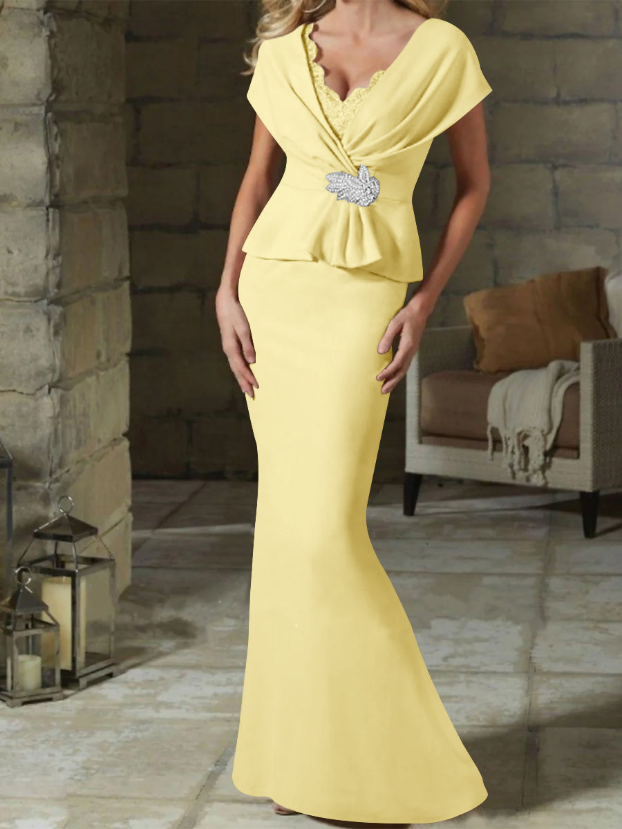 V Neck Belted Mother of the Bride Sheath Column Dress