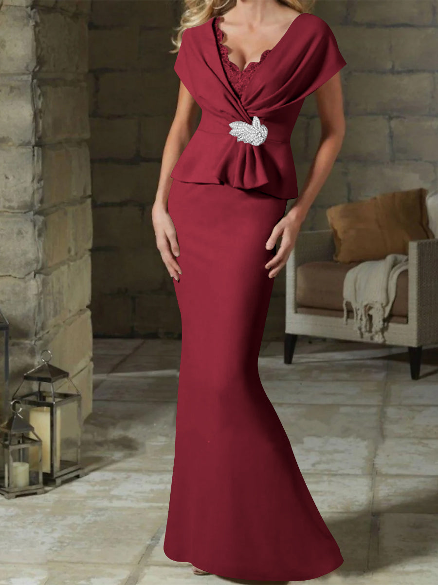 V Neck Belted Mother of the Bride Sheath Column Dress