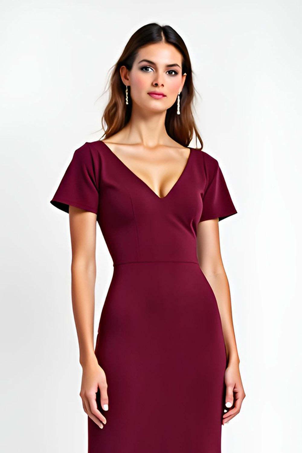 V-Neck Burgundy Wedding Guest Dress Short Sleeves Long Formal Dress