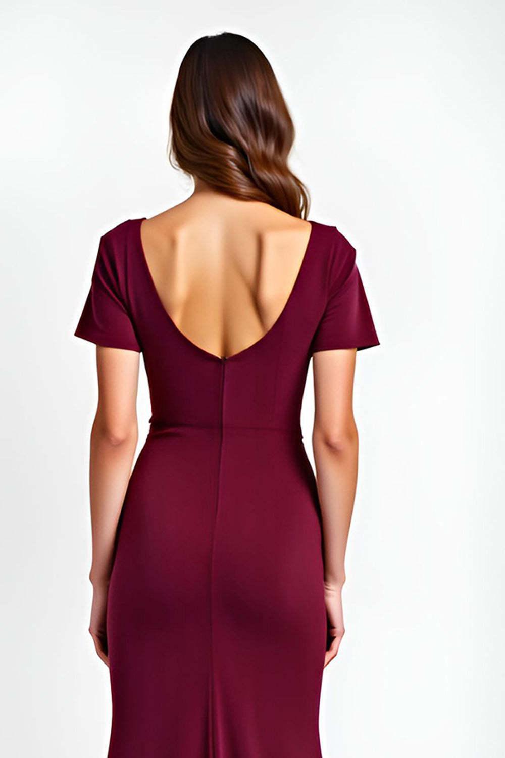 V-Neck Burgundy Wedding Guest Dress Short Sleeves Long Formal Dress