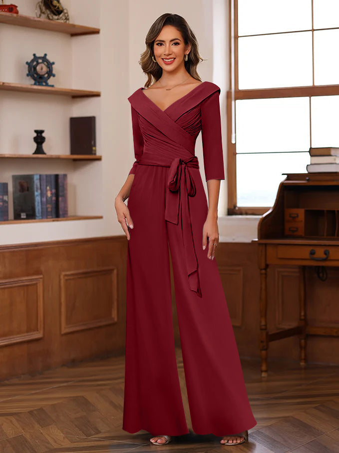 V Neck Chiffon Jumpsuit with Ruched Detail and 3/4 Sleeves for the Mother