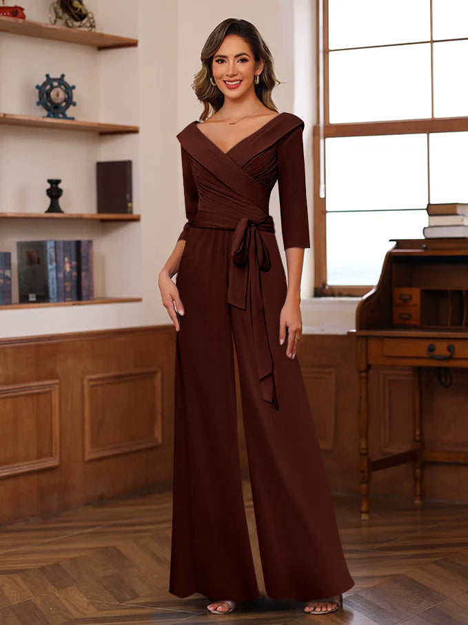 V Neck Chiffon Jumpsuit with Ruched Detail and 3/4 Sleeves for the Mother