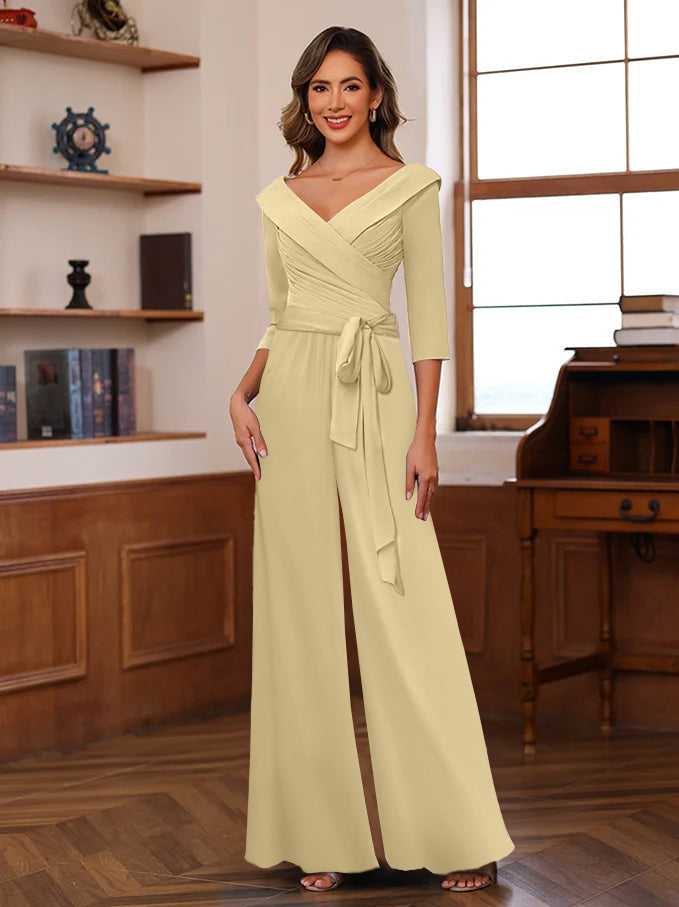 V Neck Chiffon Jumpsuit with Ruched Detail and 3/4 Sleeves for the Mother