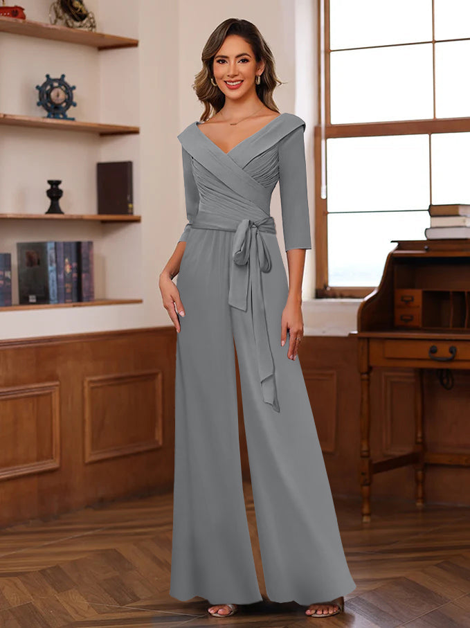 V Neck Chiffon Jumpsuit with Ruched Detail and 3/4 Sleeves for the Mother