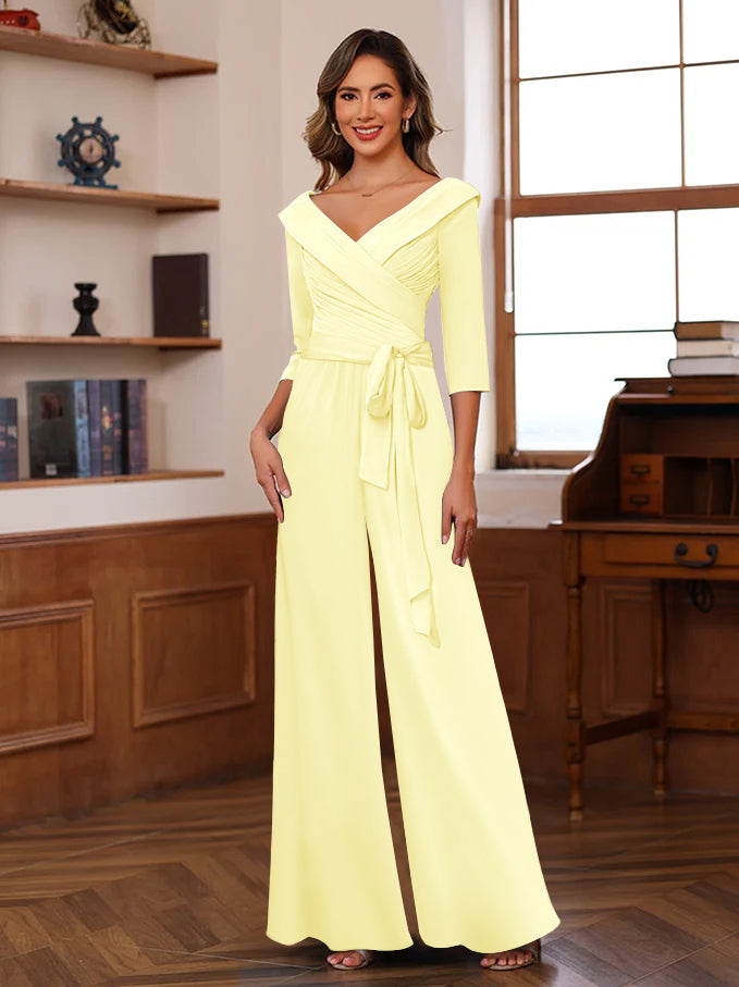 V Neck Chiffon Jumpsuit with Ruched Detail and 3/4 Sleeves for the Mother