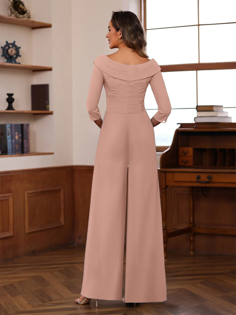 V Neck Chiffon Jumpsuit with Ruched Detail and 3/4 Sleeves for the Mother
