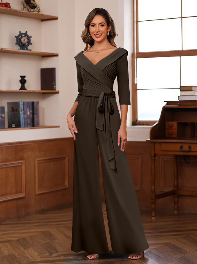 V Neck Chiffon Jumpsuit with Ruched Detail and 3/4 Sleeves for the Mother