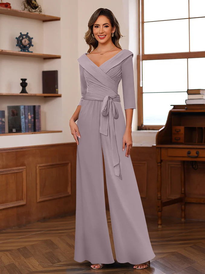 V Neck Chiffon Jumpsuit with Ruched Detail and 3/4 Sleeves for the Mother
