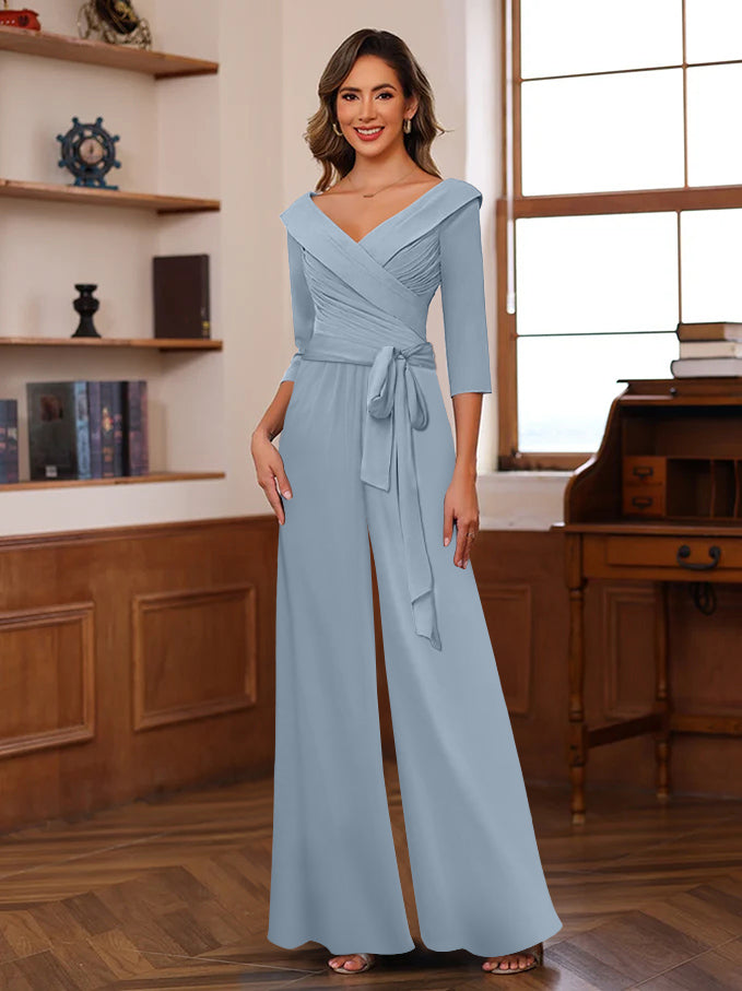 V Neck Chiffon Jumpsuit with Ruched Detail and 3/4 Sleeves for the Mother