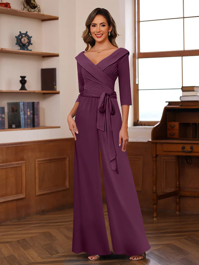 V Neck Chiffon Jumpsuit with Ruched Detail and 3/4 Sleeves for the Mother