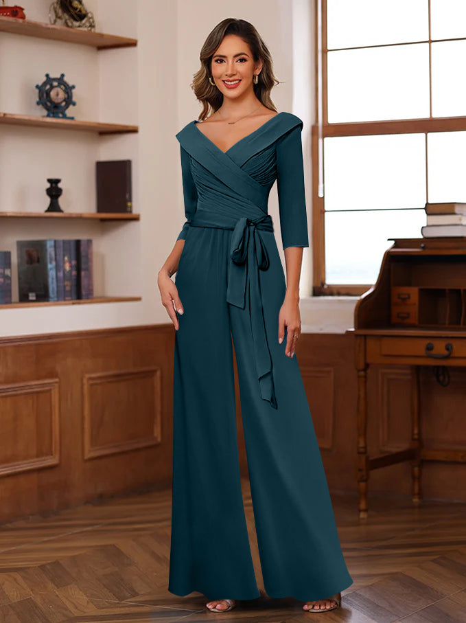 V Neck Chiffon Jumpsuit with Ruched Detail and 3/4 Sleeves for the Mother