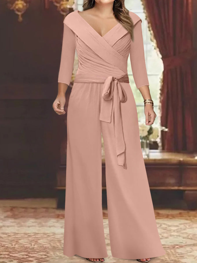 V Neck Chiffon Jumpsuit with Ruched Detail and 3/4 Sleeves for the Mother