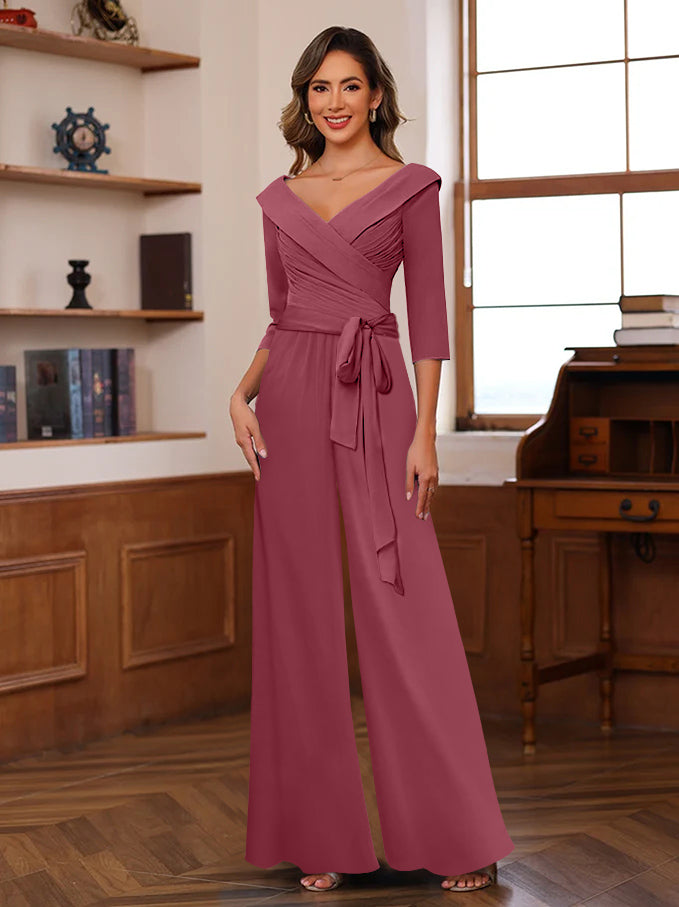 V Neck Chiffon Jumpsuit with Ruched Detail and 3/4 Sleeves for the Mother