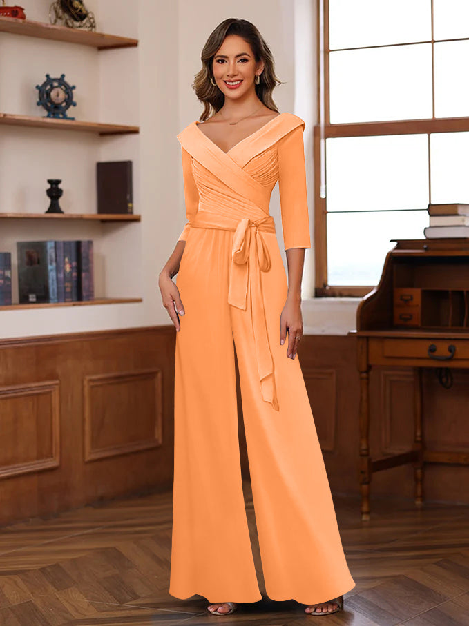 V Neck Chiffon Jumpsuit with Ruched Detail and 3/4 Sleeves for the Mother