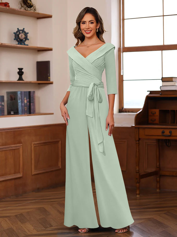V Neck Chiffon Jumpsuit with Ruched Detail and 3/4 Sleeves for the Mother