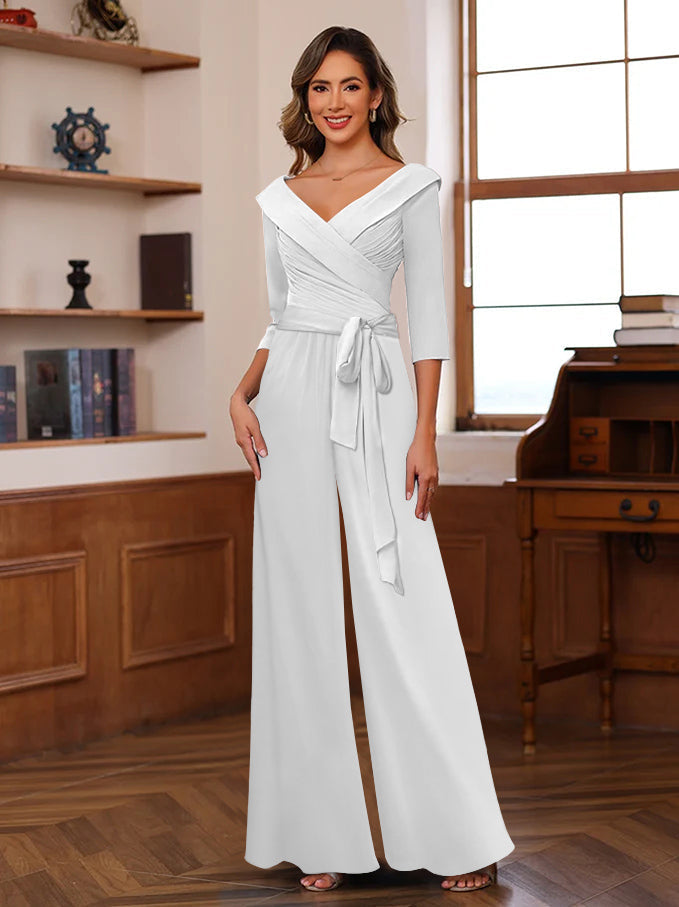 V Neck Chiffon Jumpsuit with Ruched Detail and 3/4 Sleeves for the Mother