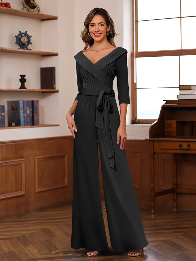 V Neck Chiffon Jumpsuit with Ruched Detail and 3/4 Sleeves for the Mother