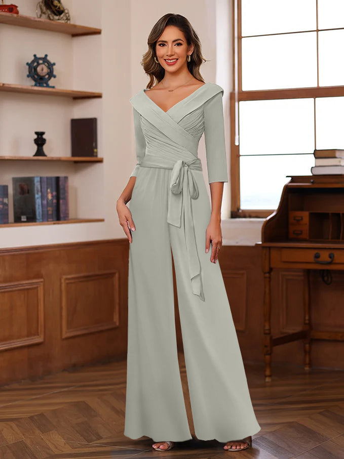 V Neck Chiffon Jumpsuit with Ruched Detail and 3/4 Sleeves for the Mother