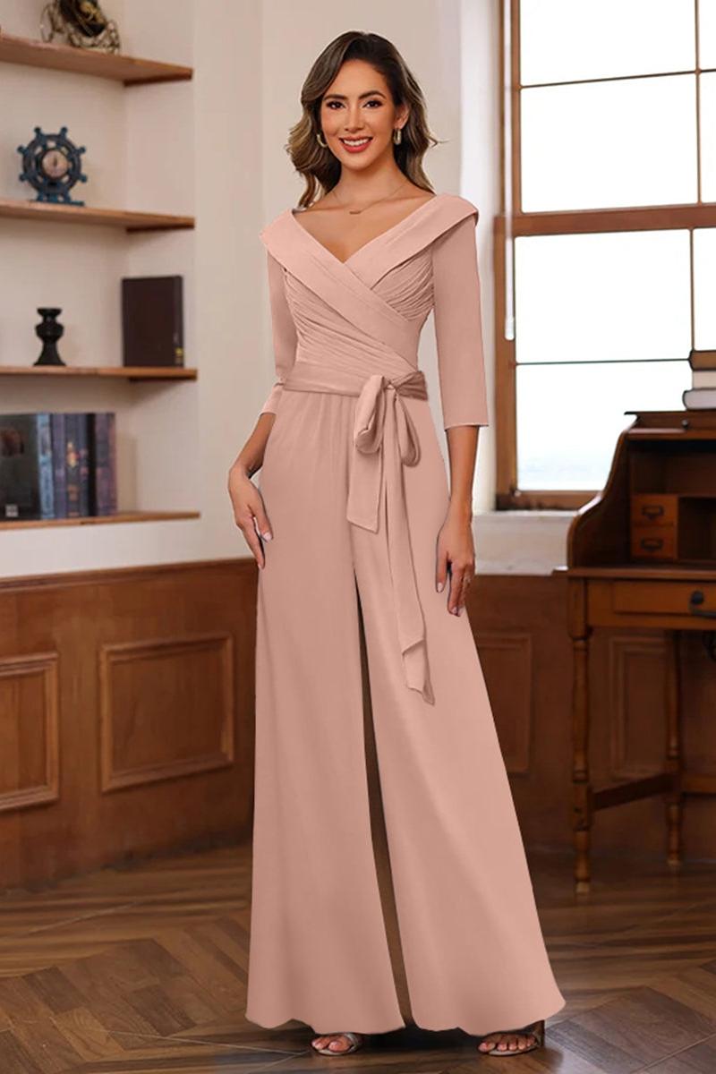 V Neck Chiffon Jumpsuit with Ruched Detail and 3/4 Sleeves for the Mother