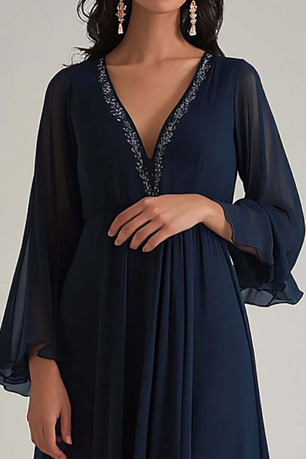 V-Neck Chiffon Navy Wedding Guest Dress Deep Long Formal Dress With Sleeves