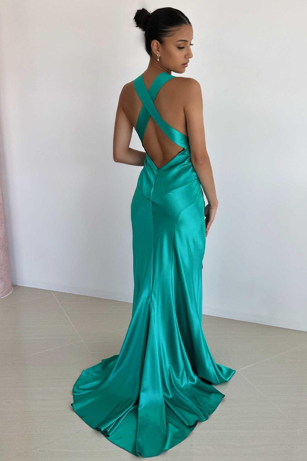 Suzhoufashion V-Neck Cross Back Yellow Satin Prom Gown With Ruched Detailing Formal Evening Gown