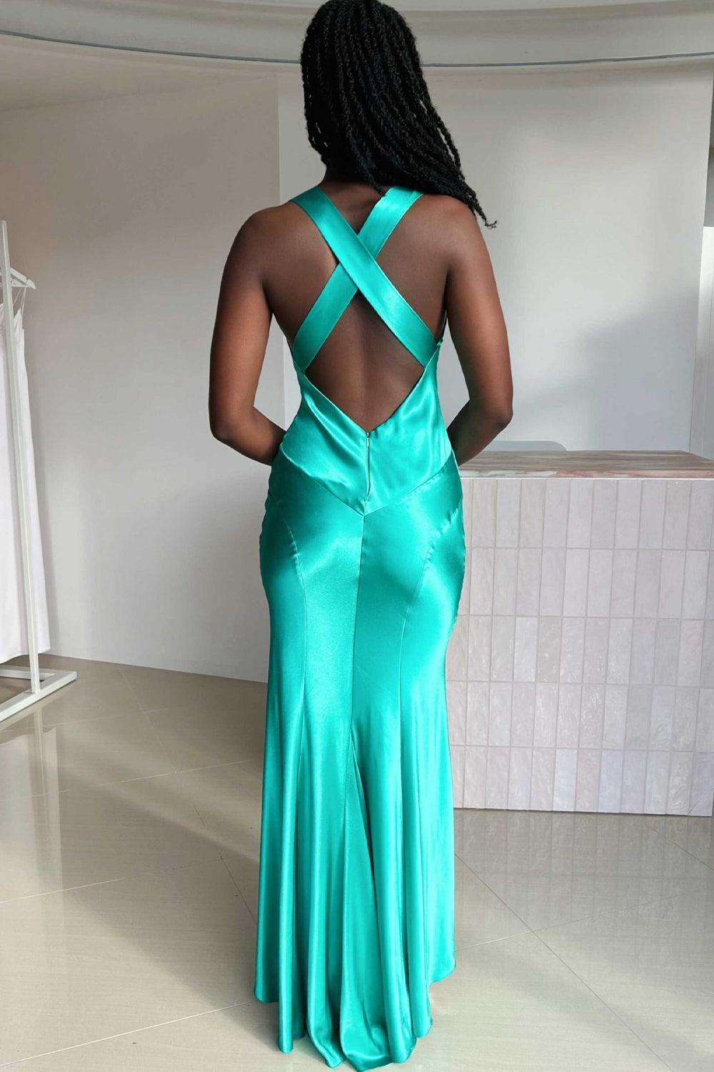 Suzhoufashion V-Neck Cross Back Yellow Satin Prom Gown With Ruched Detailing Formal Evening Gown