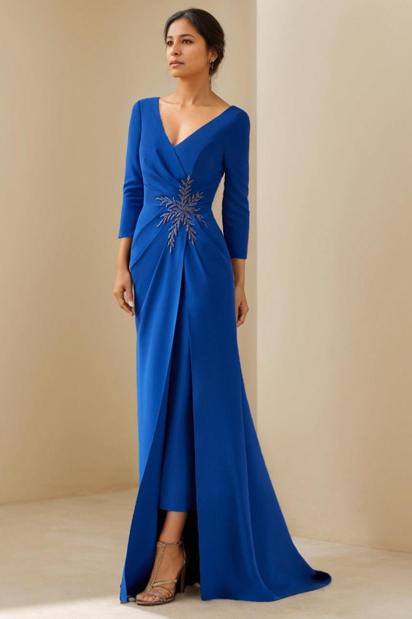 V Neck Long Mother of the Bride Dress With 3/4 Sleeves Ruffles Beading & Appliques