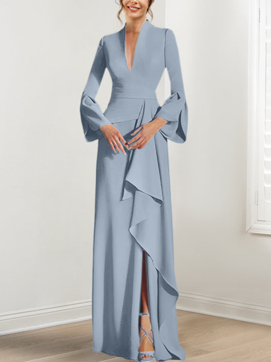 V Neck Long Mother of the Bride Dress With Side Split and Long Sleeves