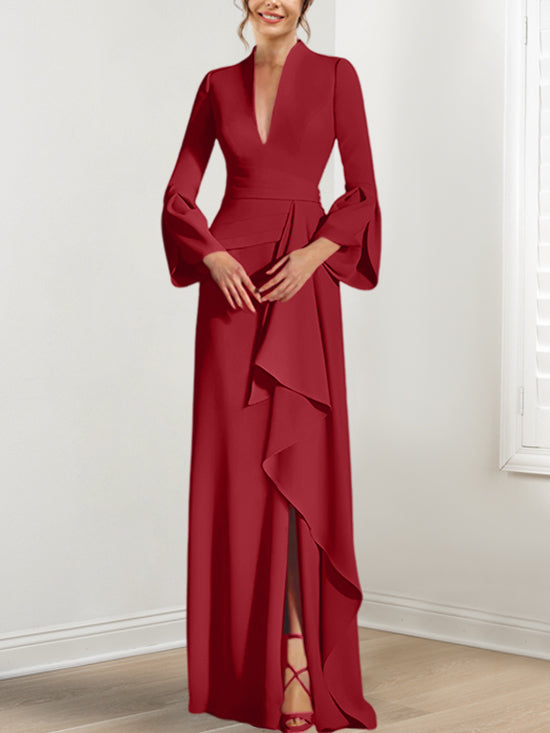 V Neck Long Mother of the Bride Dress With Side Split and Long Sleeves