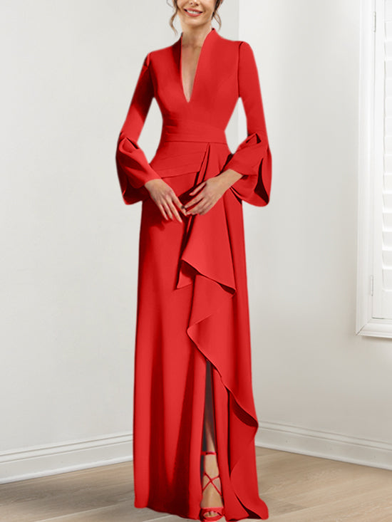 V Neck Long Mother of the Bride Dress With Side Split and Long Sleeves